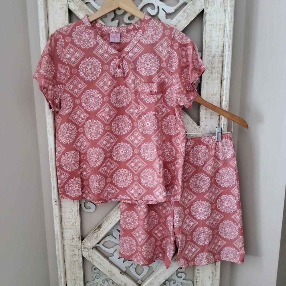 Pink Laundry Women's Cotton Pajama Sleepwear Elastic Waist Short Top Pink Damask